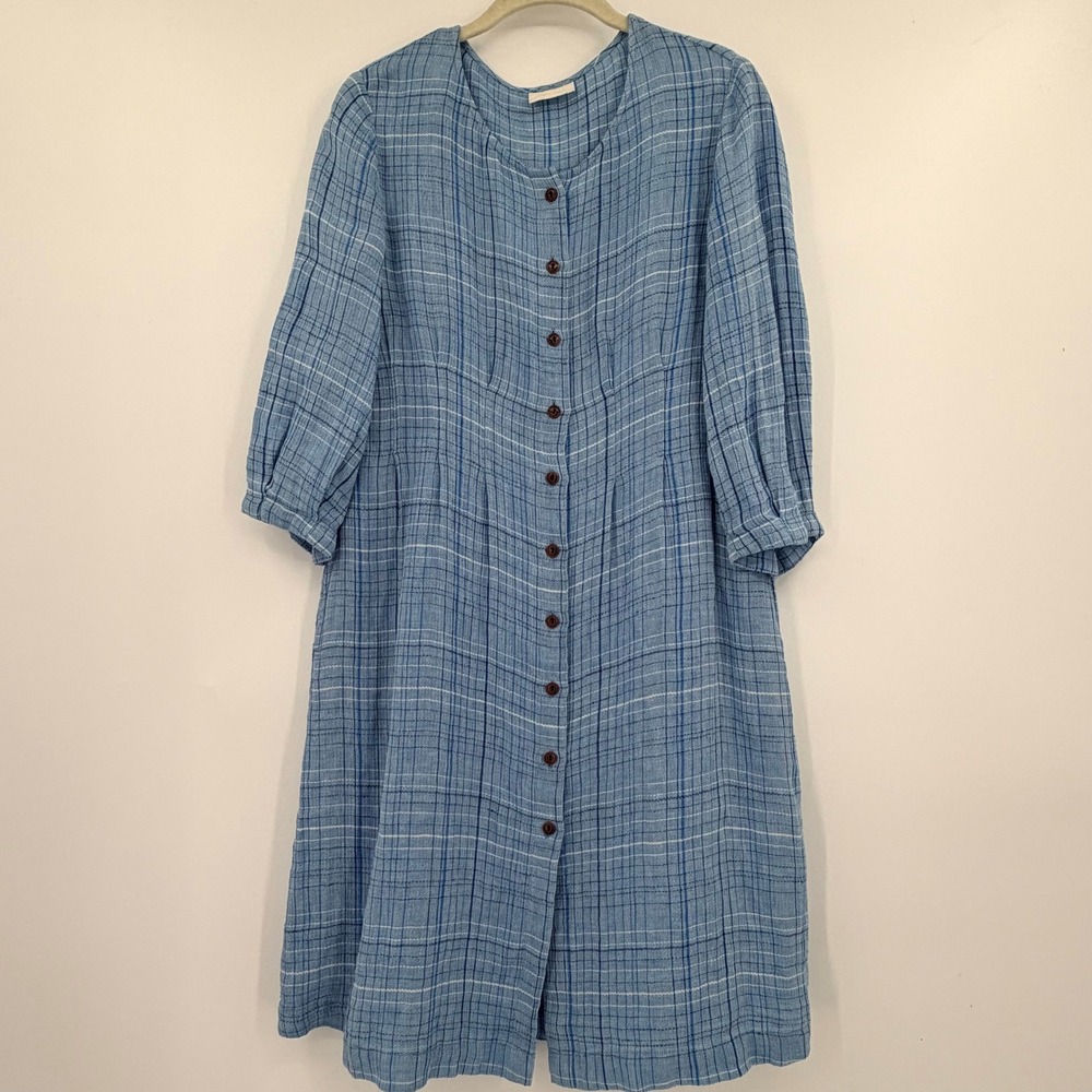 Poetry 100% Linen Blue Plaid Button Front Midi Dress Pleated Waist Size US 6